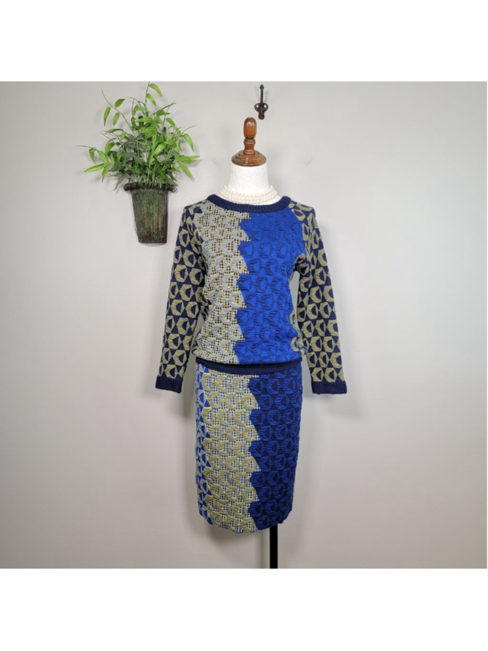 Kerisma Knit Crew Neck Sweater Pencil Midi Skirt Matching Set Blue Geometric S